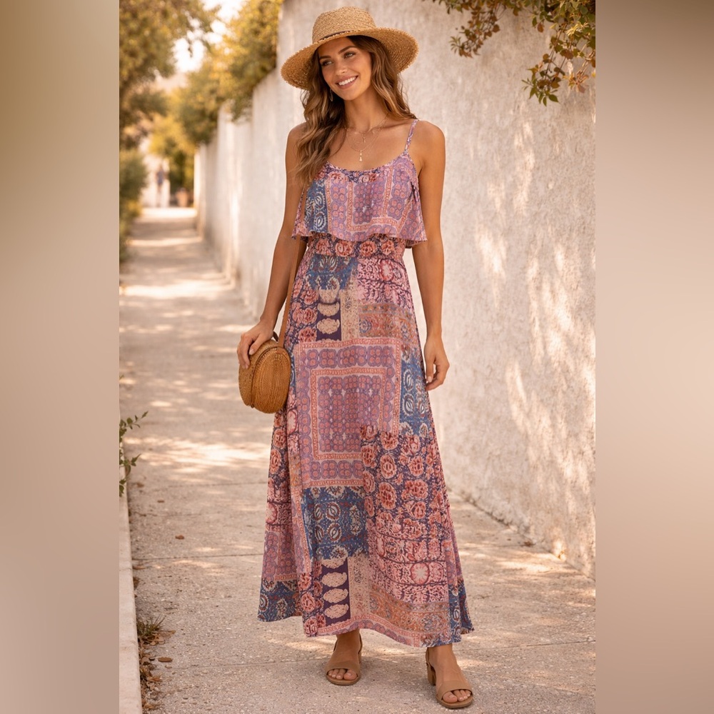 By & By Boho Patchwork Maxi Dress Sleeveless Flowy Summer Festival Size L